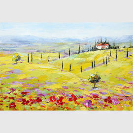 Décor rouge jaune abstrait moderne de compagnies de village de la Toscane de peinture à l'huile de paysage
