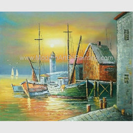 Les bateaux de Sailling le port de peinture à l'huile, peinture de paysage moderne de coucher du soleil